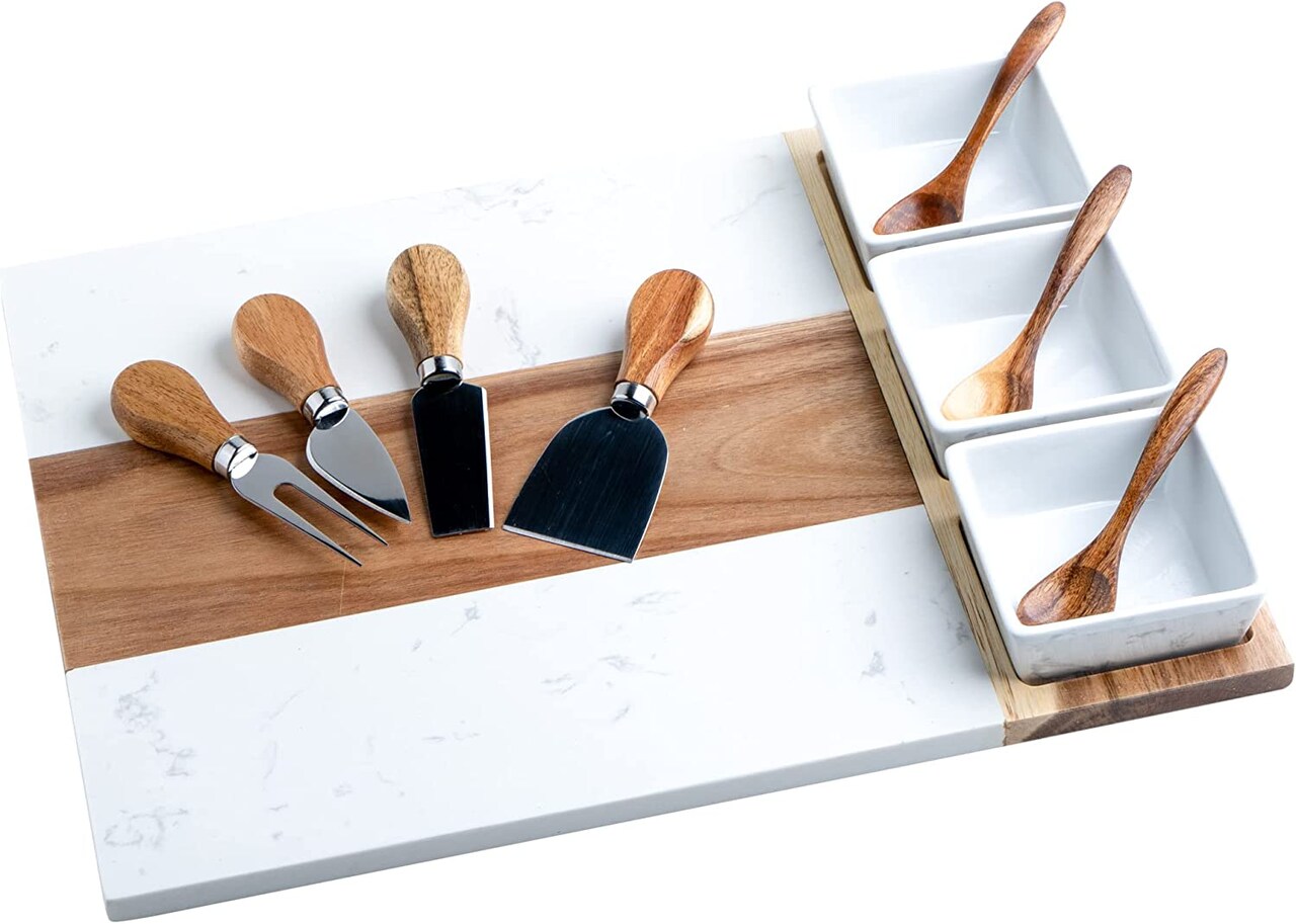 Makerflo Charcuterie Cheese Board Set 16.25" x 12" Acacia Wood Marble Design 3 Bowls, 3 Spoons, 4 Utensils for Craft & DIY Personalization - Laser Engraving, Epoxy, UV DTF, Vinyl Individually Wrapped